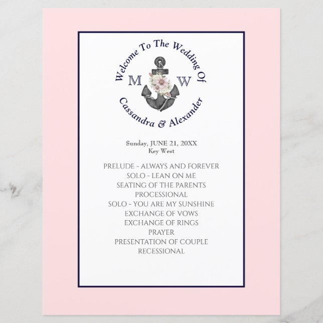 Floral Anchor Nautical Wedding Pink Navy Programm (Vorderseite)