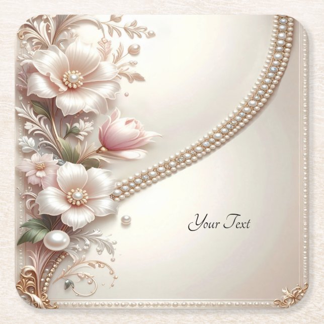 Floral and Pearl Embellishments Paper Coaster Rechteckiger Pappuntersetzer (Vorderseite)