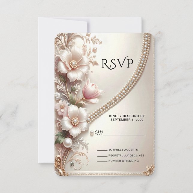 Floral and Pearl Embellishments RSVP Card Karte (Vorderseite)