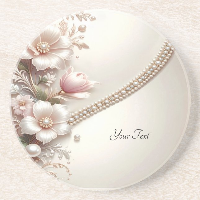 Floral and Pearl Embellishments Sandstone Coaster Getränkeuntersetzer (Vorne)