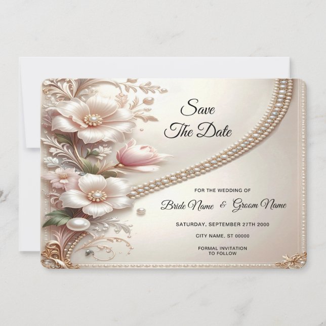 Floral and Pearl Embellishments Save The Date (Vorderseite)