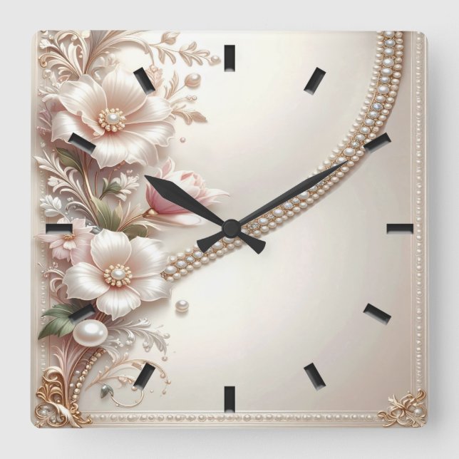 Floral and Pearl Embellishments Wall Clock Quadratische Wanduhr (Vorderseite)