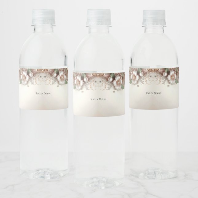 Floral and Pearl Embellishments Water Bottle Label Wasserflaschenetikett (Flaschen)