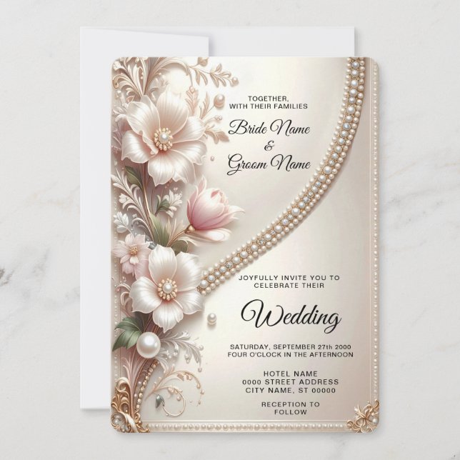 Floral and Pearl Embellishments Wedding Invitation Einladung (Vorderseite)