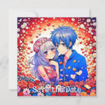 Floral Anime Themed Wedding Save The Date<br><div class="desc">Personalisierte Hochzeitseinladungen mit Animes. Anime Junge und Mädchen kuscheln umgeben von bunten Herzen und Blume. Niedliches Anime-Mädchen und Junge mit blauen Haaren. Die Farben sind rot,  blau,  weiß und rot.</div>