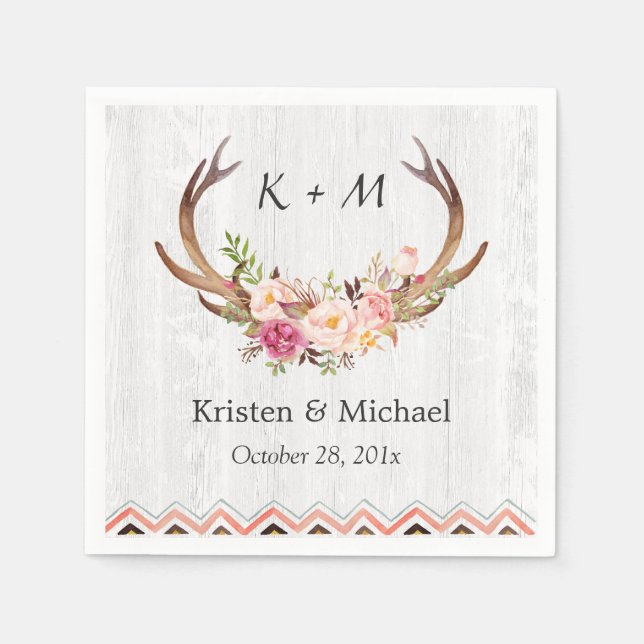 Floral Antler Boho Dekoration Rustikale White Wood Serviette (Vorderseite)