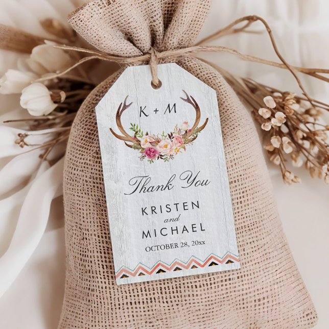 Floral Antler Rustic Wood Boho Wedding Vielen Dank Geschenkanhänger (Von Creator hochgeladen)