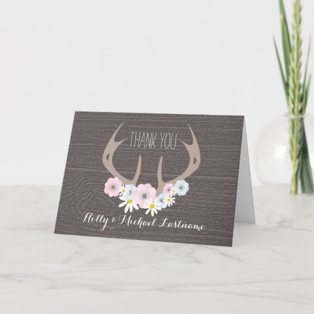 Floral Antlers + Barnwood Danke Karte (Vorderseite)