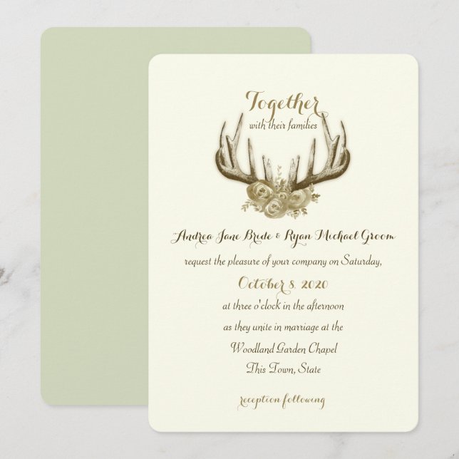 Floral Antlers Elegant Woodland Wedding Einladung (Vorne/Hinten)