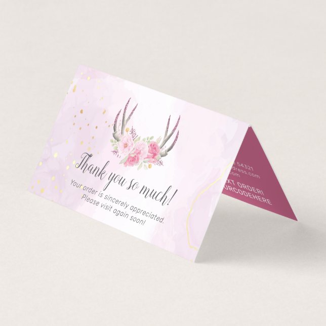 Floral Antlers Pink Gold Marmor Danke Karte (Vorderseite)