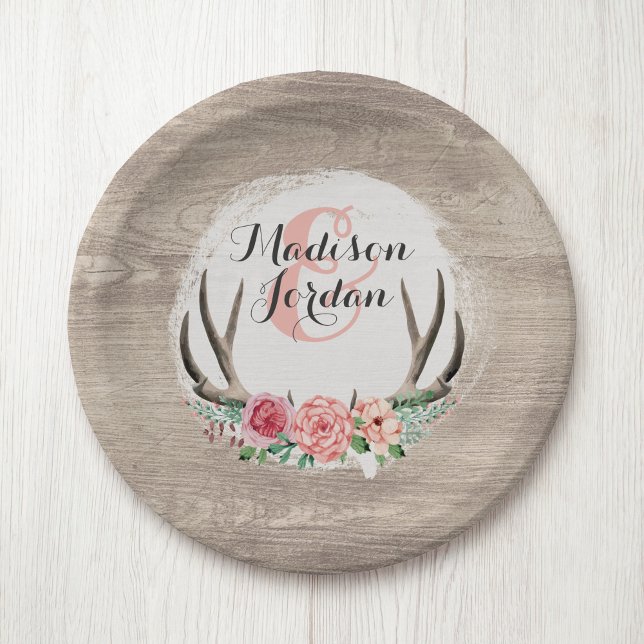 Floral Antlers Rustic Wood Wedding Personalisiert Pappteller (Von Creator hochgeladen)