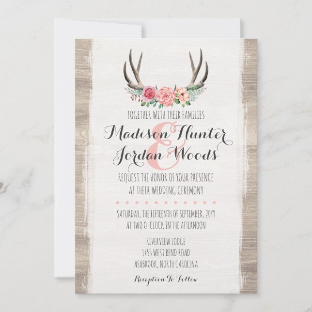 Floral Antlers Rustikale Hochzeit Personalisiert f Einladung (Vorderseite)