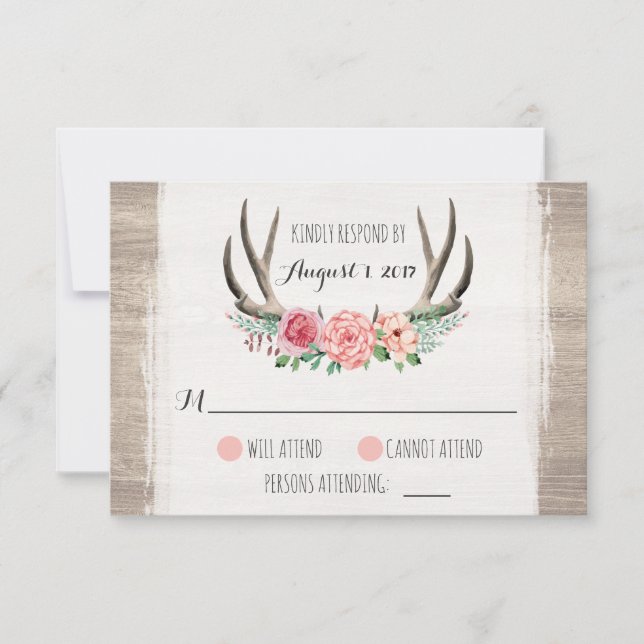 Floral Antlers Rustikale Hochzeit Personalisierte  RSVP Karte (Vorderseite)