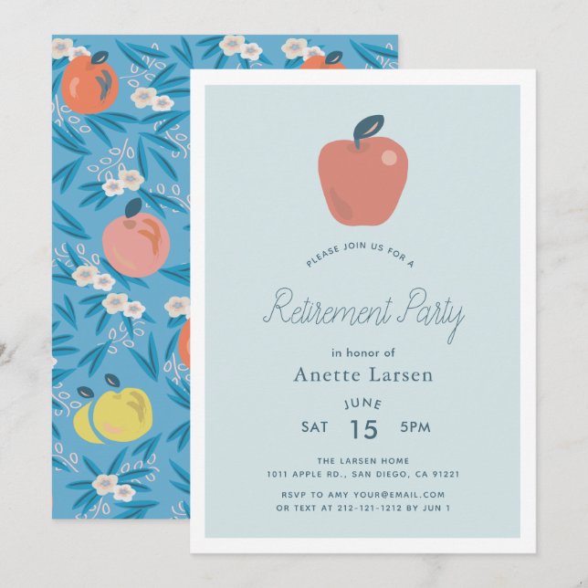 Floral Apple Blue Teacher Retirement Einladung (Vorne/Hinten)