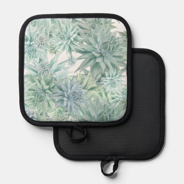 Floral Apron – Soft Blues & Greens on White  Topflappen (Vorderseite/Rückseite)