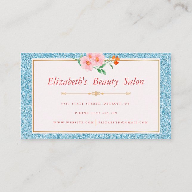 Floral Aqua Blue Glitzer Makeup Artist Beauty Visitenkarte (Rückseite)
