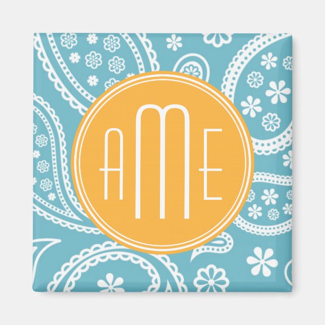 Floral Aqua Blue Paisley Pattern & Yellow Monogram Magnet (Vorne)