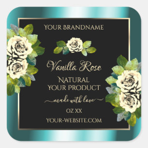 Floral Aquamarin Black Gold Produktkennzeichnungen Quadratischer Aufkleber