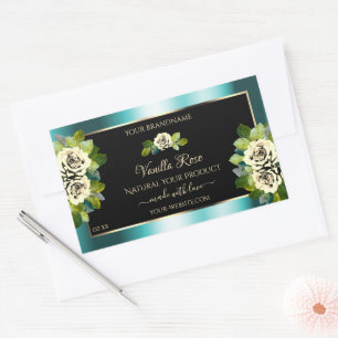 Floral Aquamarin Black Gold Produktkennzeichnungen Rechteckiger Aufkleber