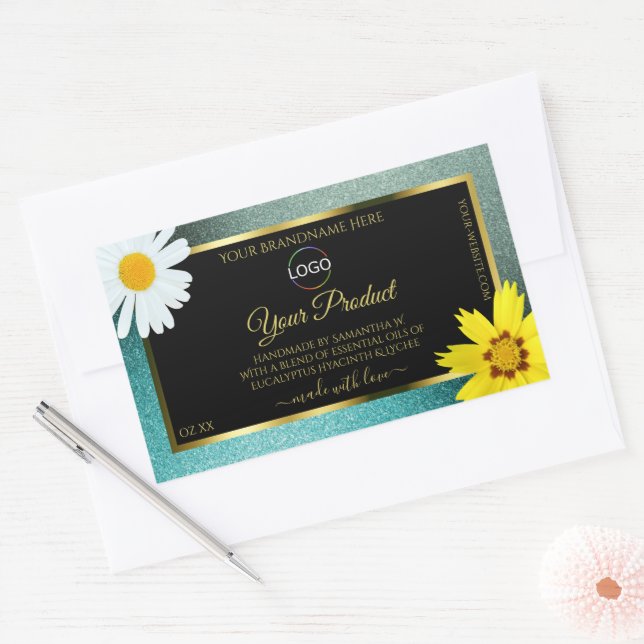 Floral Aquamarin Blue Glitzer Black Product Labels Rechteckiger Aufkleber (Umschlag)