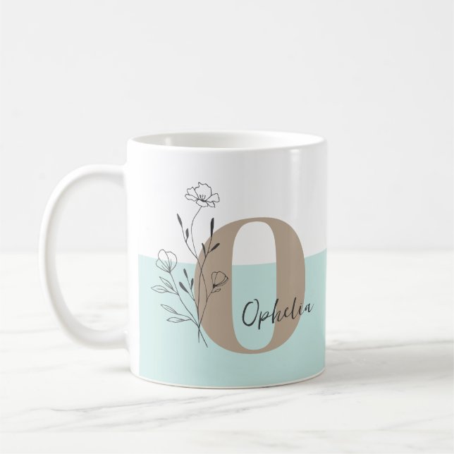 Floral Aquamarin Bold Monogramm Name Kaffeetasse (Links)