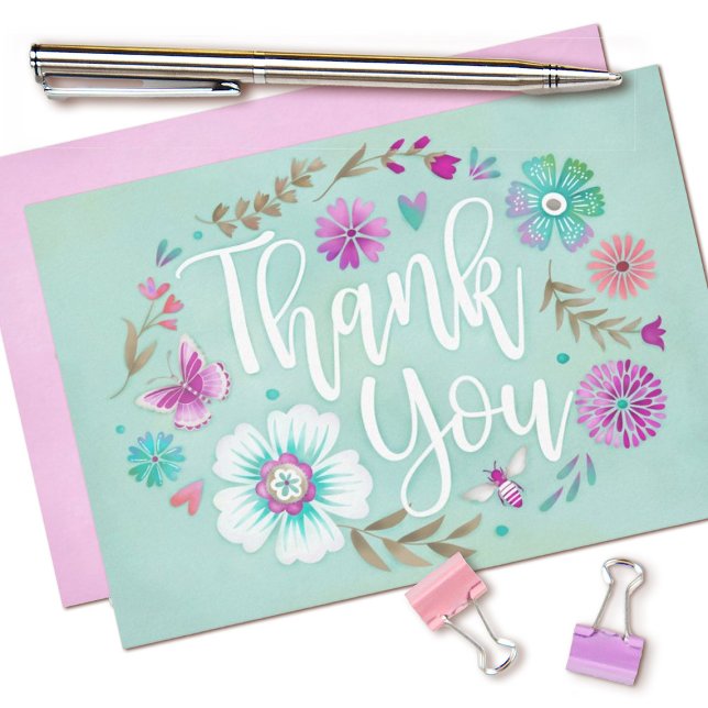 Floral Aquarell Aquamarin Flasche Danke Karte (Pretty floral script thank you card with watercolor flowers.)