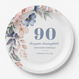 Floral Aquarell Dusty Blue Pink 90. Geburtstag Pappteller