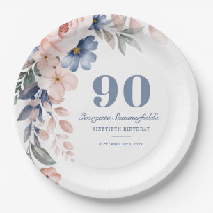 Floral Aquarell Dusty Blue Pink 90. Geburtstag Pappteller