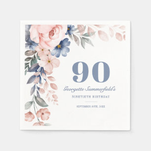 Floral Aquarell Dusty Blue Pink 90. Geburtstag Serviette