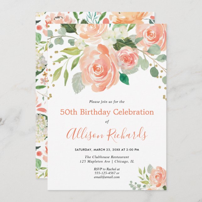 Floral Aquarell Elegante Geburtstagsparty Einladung (Vorne/Hinten)