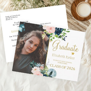 Floral Aquarell Elegantes Foto Abschluss Ankündigungspostkarte