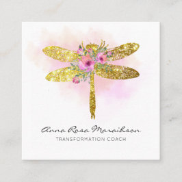 *~* Floral Aquarell Gold Pink Peach Dragonfly  Quadratische Visitenkarte