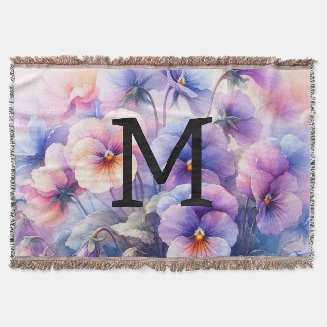 Floral Aquarell Monogramm lila Stiefmütterchen Decke (Vorderseite)