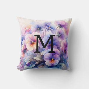 Floral Aquarell Monogramm lila Stiefmütterchen Kissen