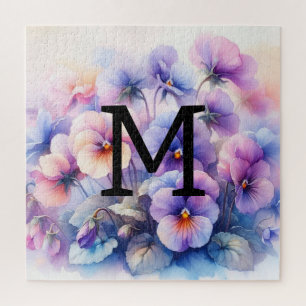 Floral Aquarell Monogramm lila Stiefmütterchen Puzzle