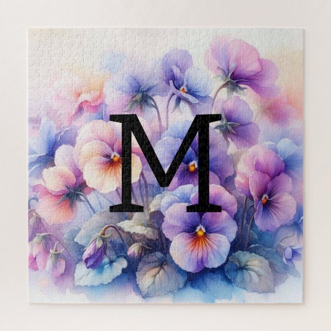 Floral Aquarell Monogramm lila Stiefmütterchen Puzzle (Vertikal)