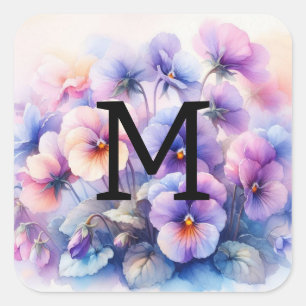 Floral Aquarell Monogramm lila Stiefmütterchen Quadratischer Aufkleber