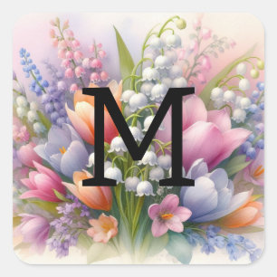 Floral Aquarell Monogramm Pink lila Tulpen Quadratischer Aufkleber