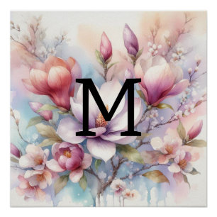 Floral Aquarell Monogramm Rosa Magnolien Blume Poster