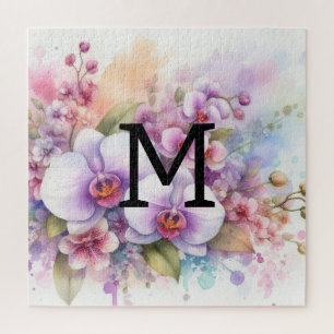 Floral Aquarell Monogramm Rosa-Orchideen-Blume Puzzle