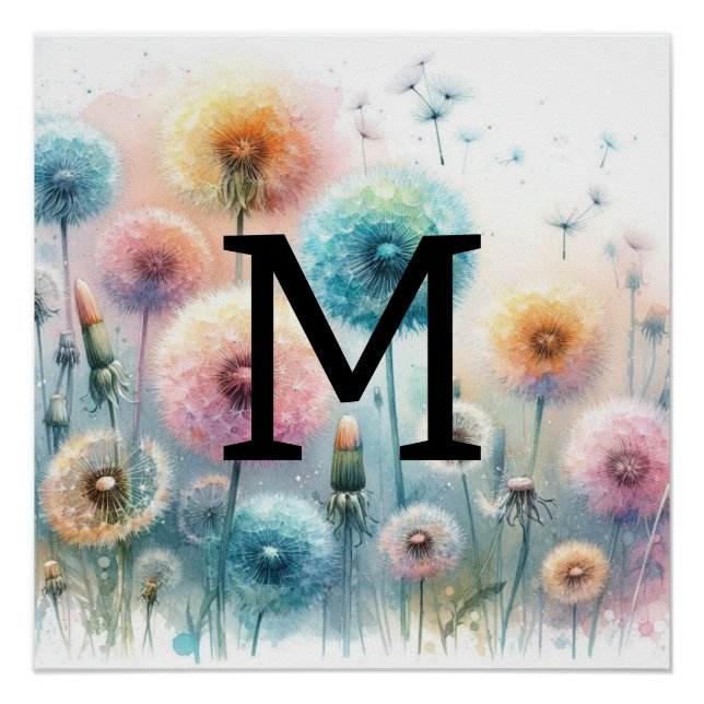 Floral Aquarellfarben monogramm rosa blaue Lüster Poster (Vorderseite)