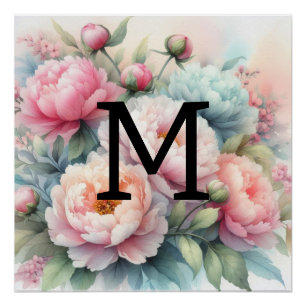 Floral Aquarellfarben Monogramm Rosa Blaue Poster