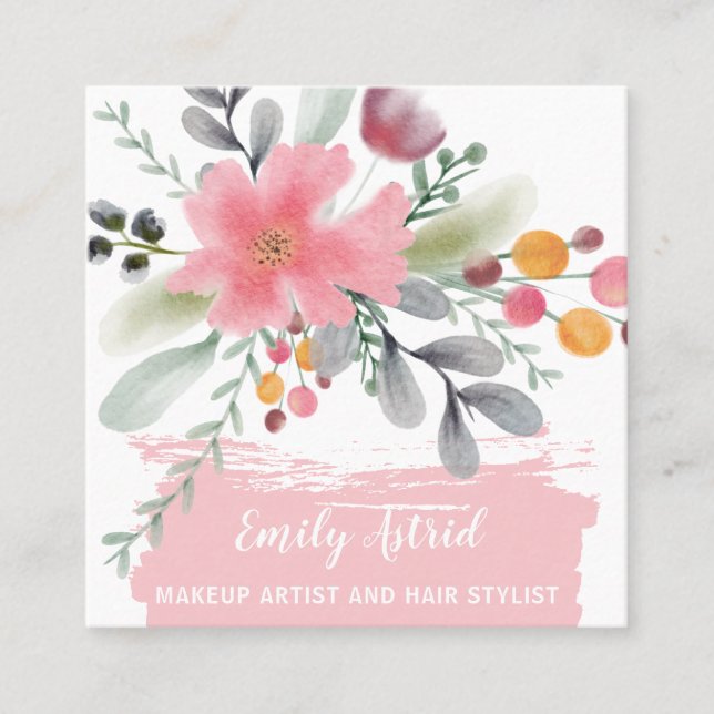 Floral Aquarellschminke Haarskript rosa Quadrat Quadratische Visitenkarte (Vorderseite)