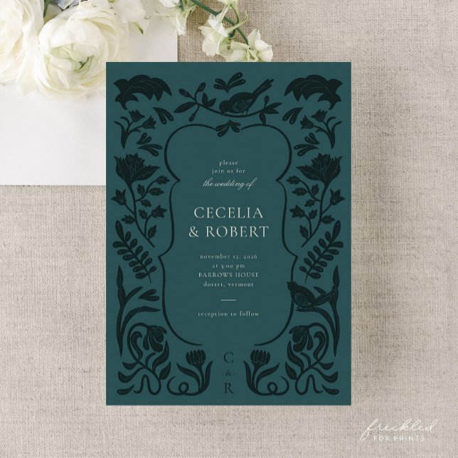 Floral Art Deco Dark Türkis Hochzeit Einladung (Floral Art Deco Dark Turquoise Wedding Invitation)