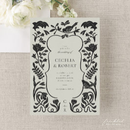 Floral Art Deco Schwarz und Elfenbeinhochzeit Einl Einladung