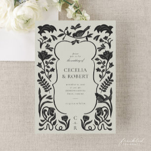 Floral Art Deco Schwarz und Elfenbeinhochzeit Einl Einladung