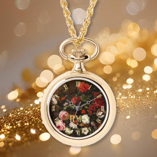 Floral Art Elegante Monogram Womens Necklace Watch Armbanduhr