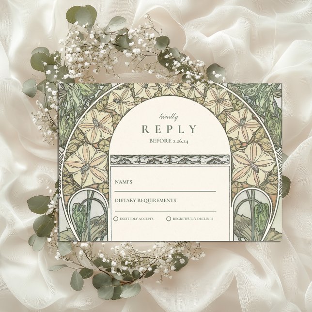 Floral Art Nouveau Grüne Hochzeit RSVP Karte (Von Creator hochgeladen)