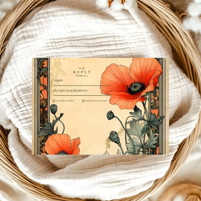 Floral Art Nouveau Poppy Wedding RSVP Karte (Von Creator hochgeladen)