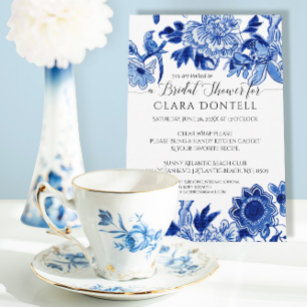 Floral Asian Influence Blue White Bridal Shower Einladung